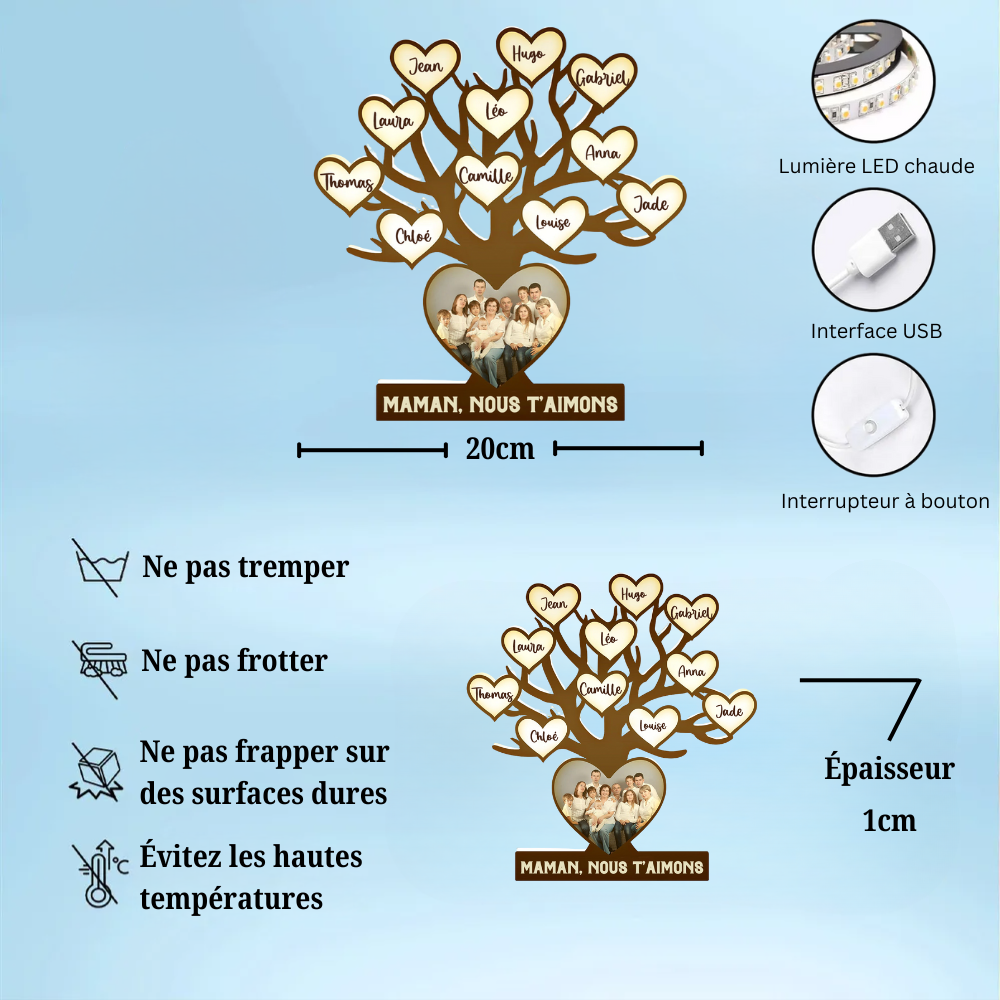 Boîte lumineuse LED personnalisée avec arbre généalogique Boîte lumineuse photo avec texte et nom Cadeau pour maman et mamie