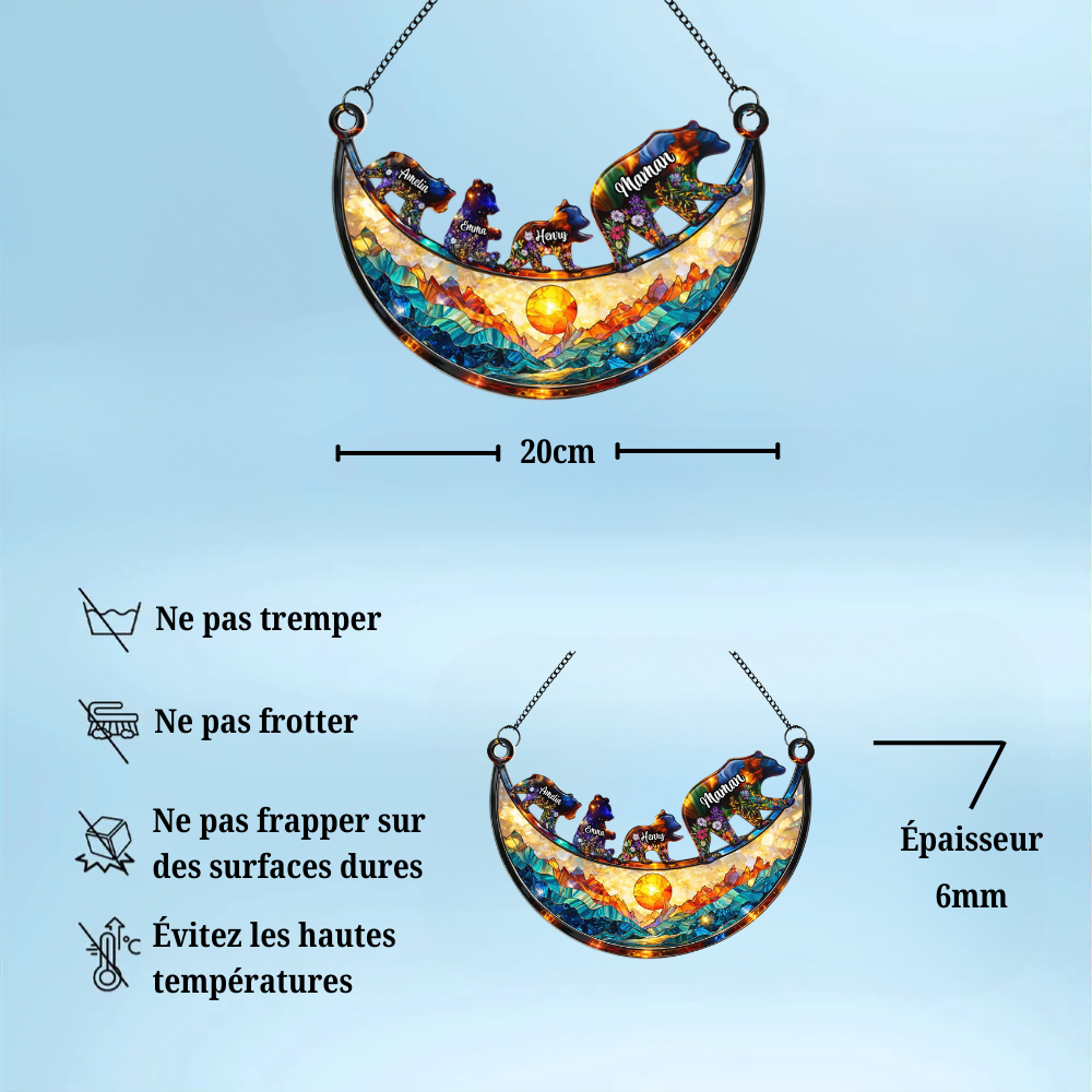 Maman ours / mamie ours avec enfants – Ornement attrape-soleil personnalisé avec prénoms