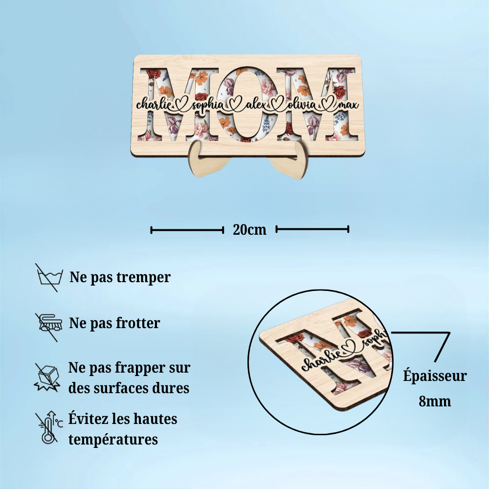 MAMAN / MOM / MAMIE – Présentoir en bois personnalisé à 2 couches avec fleurs de naissance et prénoms