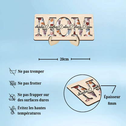 MAMAN / MOM / MAMIE – Présentoir en bois personnalisé à 2 couches avec fleurs de naissance et prénoms