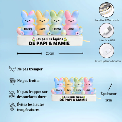 Lapins de Pâques colorés pour mamie et papi – Boîte lumineuse LED personnalisée avec les prénoms des petits-enfants | Cadeau de Pâques pour grands-parents