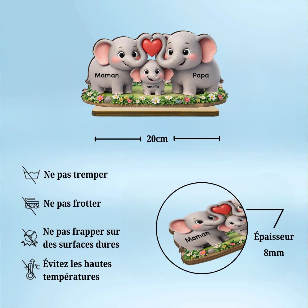 Famille d’éléphants – Présentoir en bois personnalisé avec prénoms – Cadeau pour maman et papa