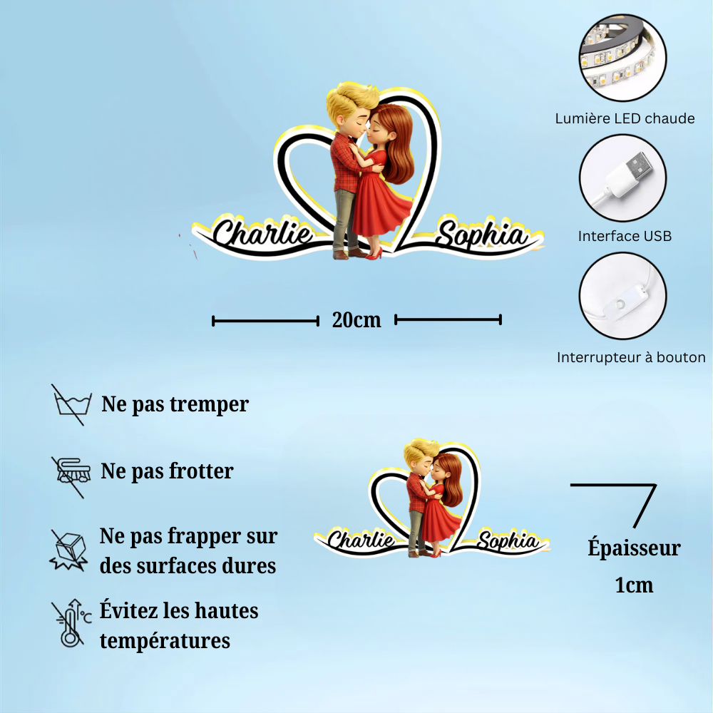 Couple en rouge Boîte lumineuse LED personnalisée avec prénoms