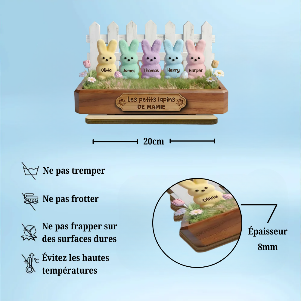 Décoration en bois personnalisé avec lapins – Cadeau pour mamie