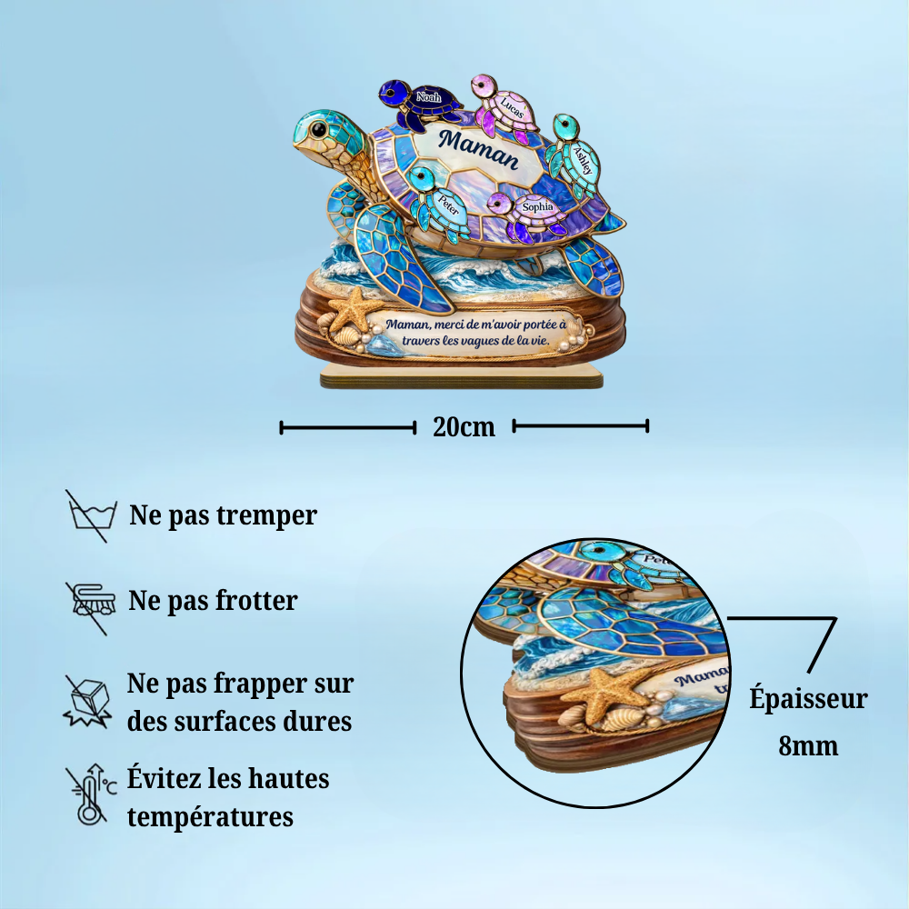 Maman / mamie tortue avec enfants – Présentoir en bois personnalisé avec prénoms et texte