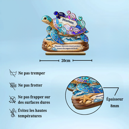 Maman / mamie tortue avec enfants – Présentoir en bois personnalisé avec prénoms et texte
