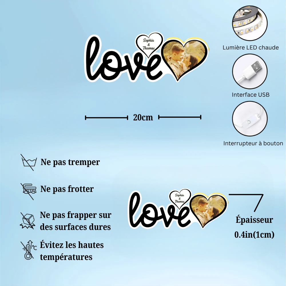 Love - Boîte lumineuse LED personnalisée avec photo, cadeau pour couple