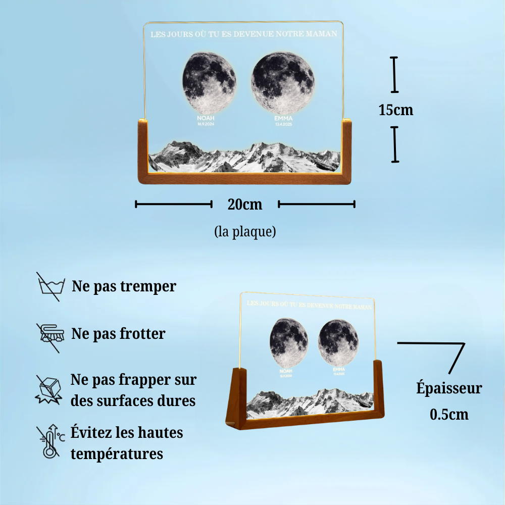 Veilleuse LED personnalisée avec phases de lune et socle en U – Cadeau pour maman