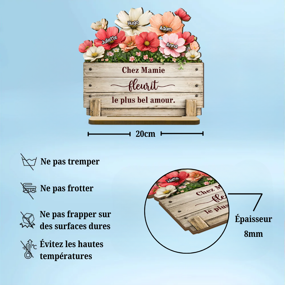 Le jardin de mamie - Décoration en bois personnalisé avec motif floral : un cadeau pour maman et mamie