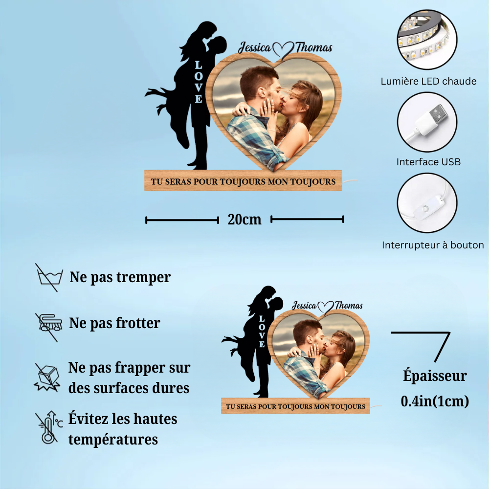 Boîte lumineuse personnalisée en forme de cœur avec photo et citation Cadeau pour couple