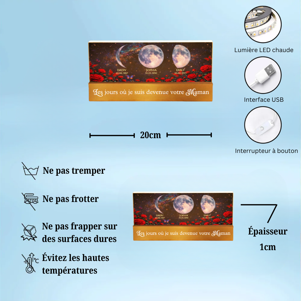 Roses et phases de lune – Veilleuse LED personnalisée avec texte et phases lunaires – Cadeau pour maman et mamie