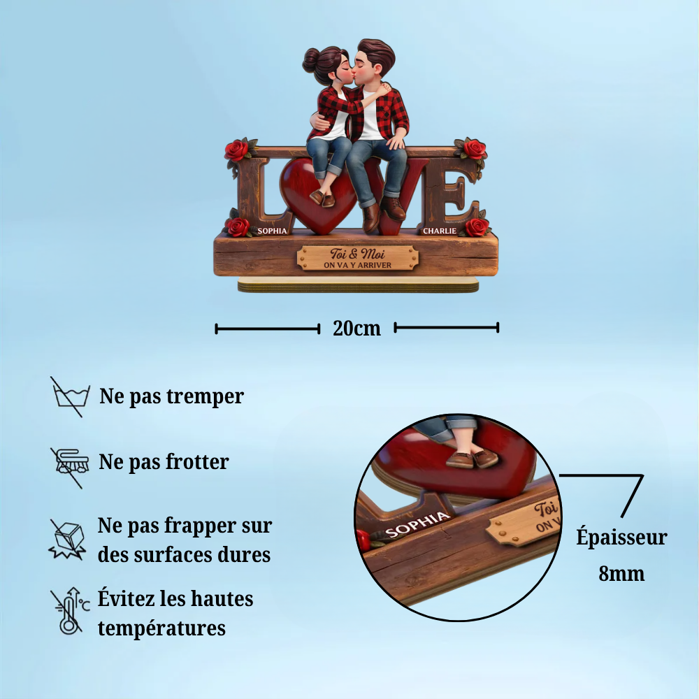 LOVE – Présentoir en bois personnalisé avec couple et texte – Cadeau pour anniversaire de mariage et Saint-Valentin