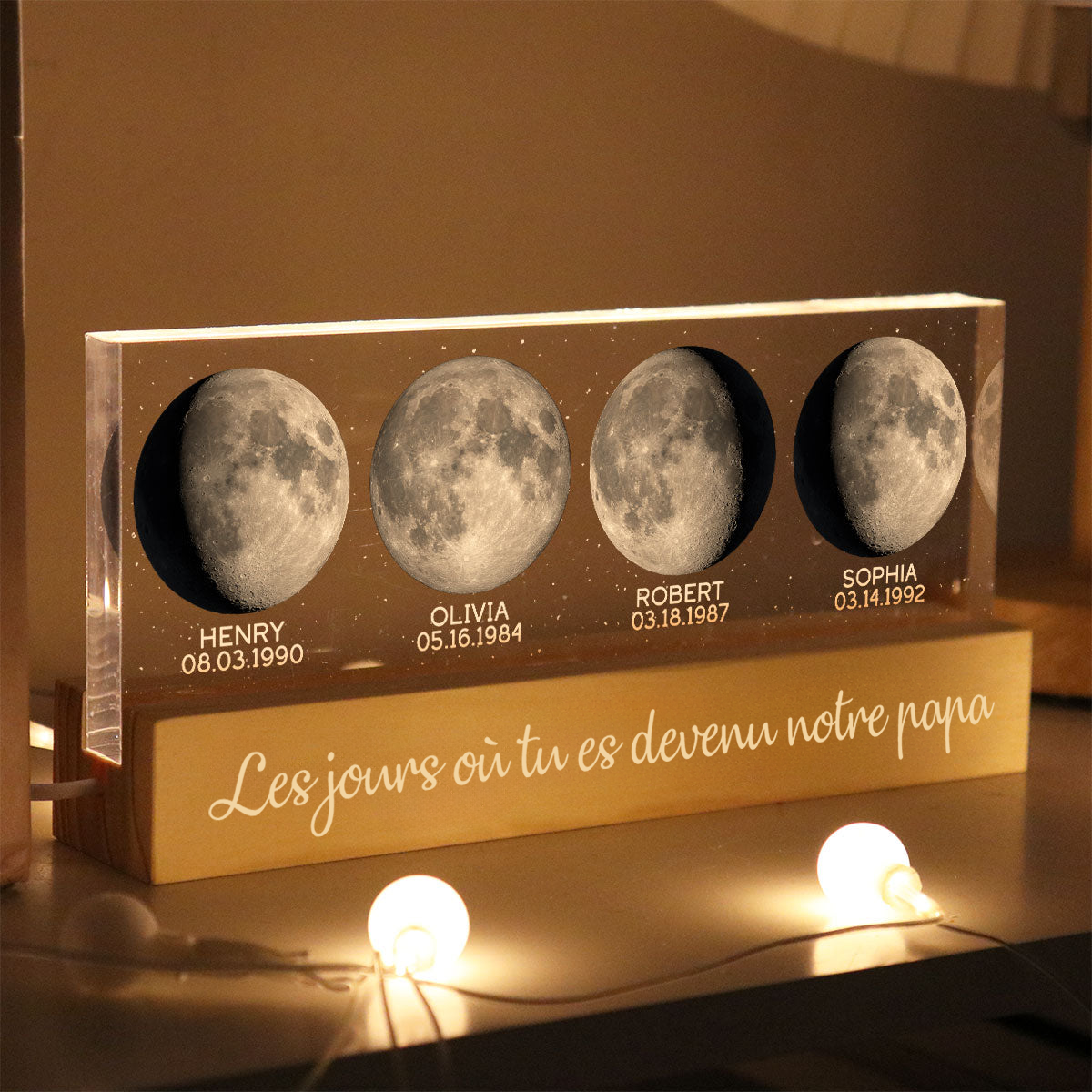 Lampe de nuit LED personnalisée avec phases de la lune – Cadeau d’anniversaire pour papa et maman