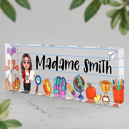 Plaque de bureau en acrylique personnalisée – Motifs scolaires pour enseignantes