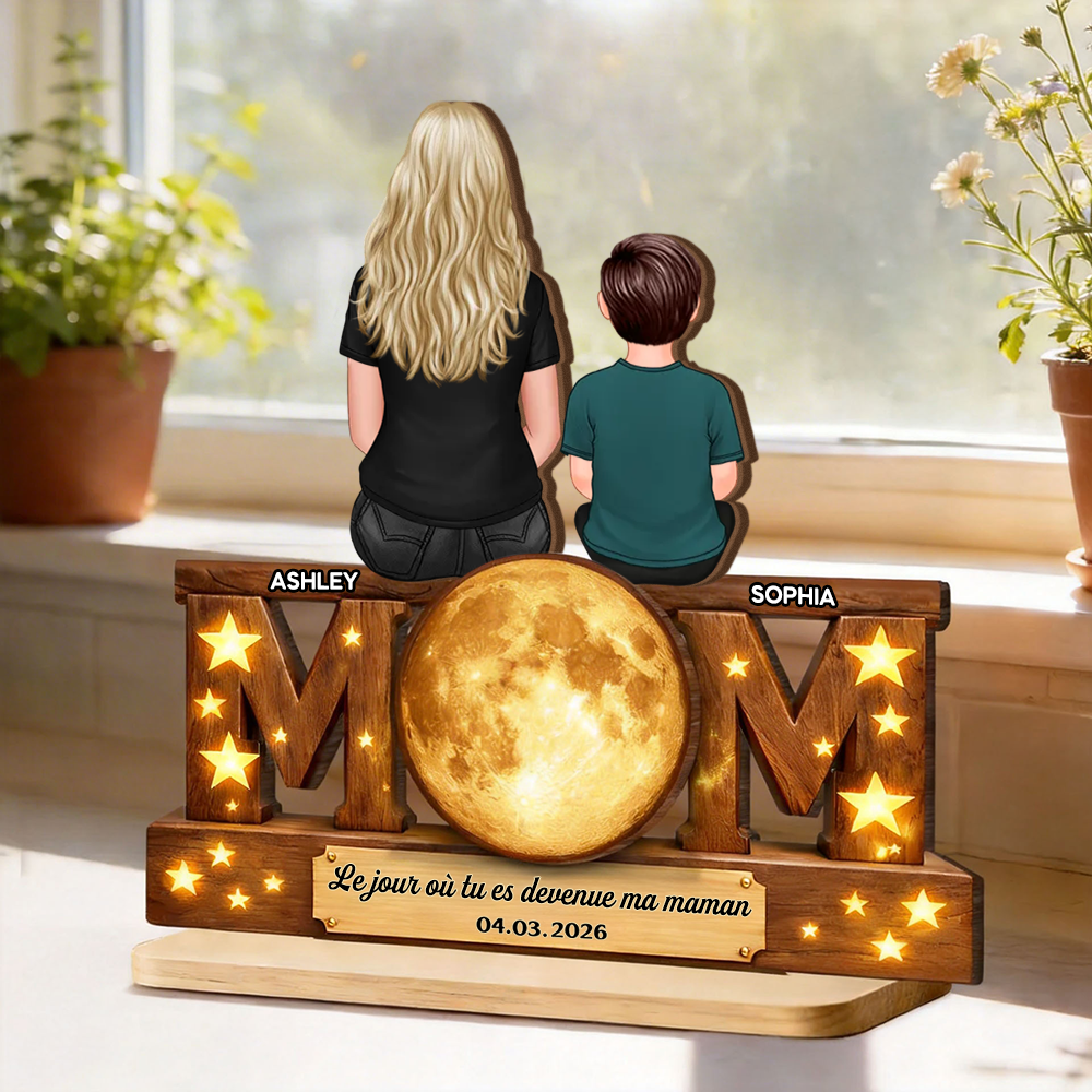 « Le jour où tu es devenue ma maman » – Décoration en bois personnalisé « MOM » avec phase de lune – Cadeau pour maman