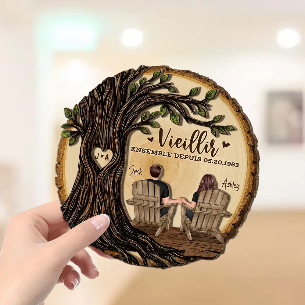 Couple sous un arbre – Présentoir en bois personnalisé avec année, numéro et texte – Cadeau d’anniversaire de mariage