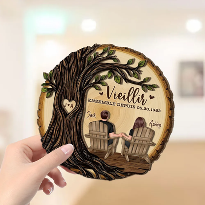 Couple sous un arbre – Présentoir en bois personnalisé avec année, numéro et texte – Cadeau d’anniversaire de mariage