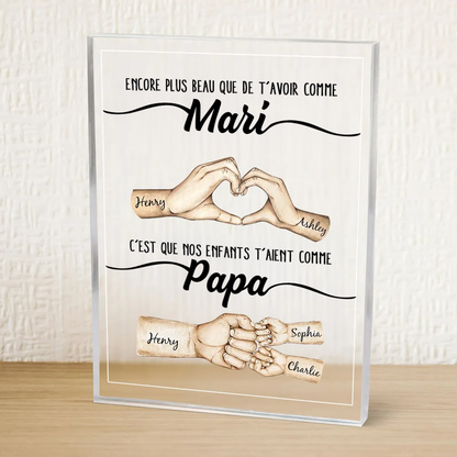 Plaque en acrylique avec mains et poing contre poing – Cadeau pour papa, idée cadeau pour la fête des pères