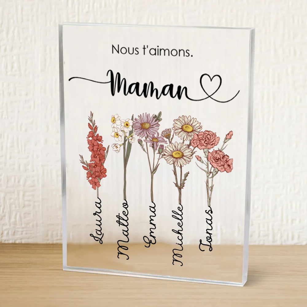 Bloc en acrylique personnalisé avec fleurs de naissance, prénoms et texte – Cadeau pour mamie et maman