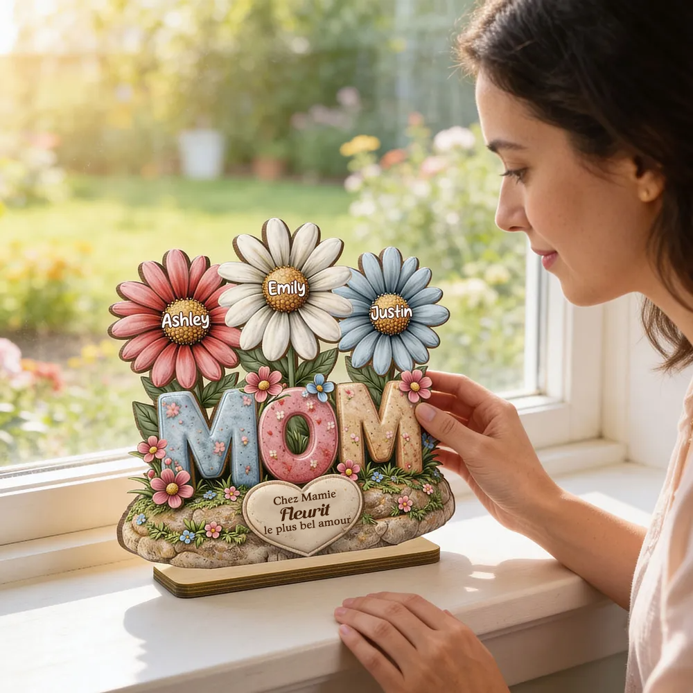 Décoration en bois personnalisé « MOM » avec fleurs – Cadeau pour maman et mamie