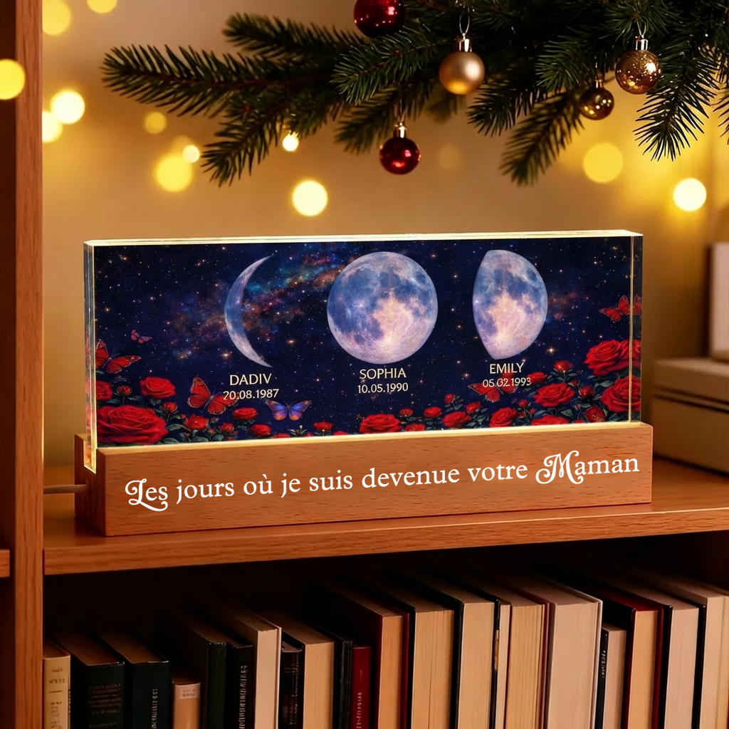 Roses et phases de lune – Veilleuse LED personnalisée avec texte et phases lunaires – Cadeau pour maman et mamie