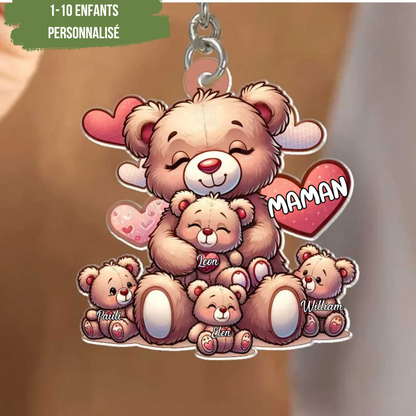 Porte-clés en acrylique représentant une maman ours et son ourson, personnalisé avec des noms
