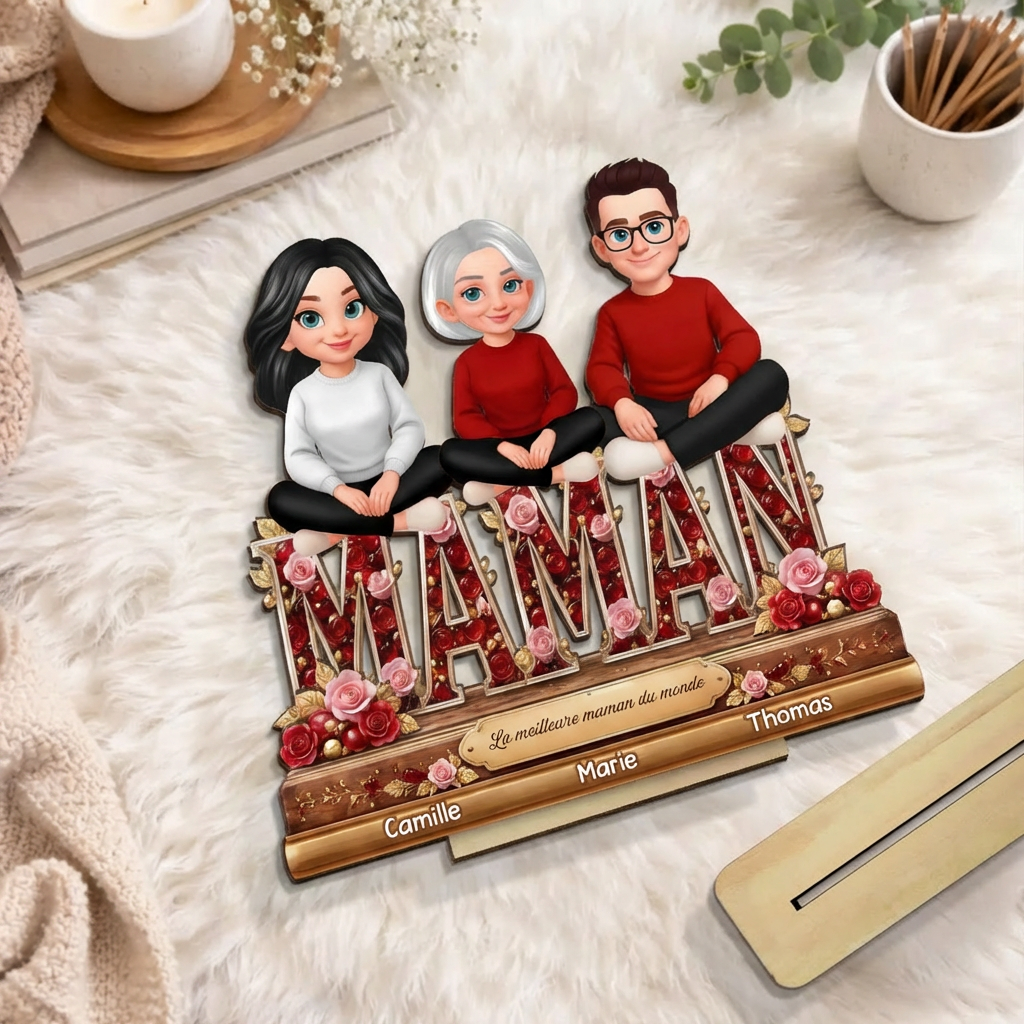Décoration en bois personnalisé avec maman et enfants – Cadeau pour mamie et maman