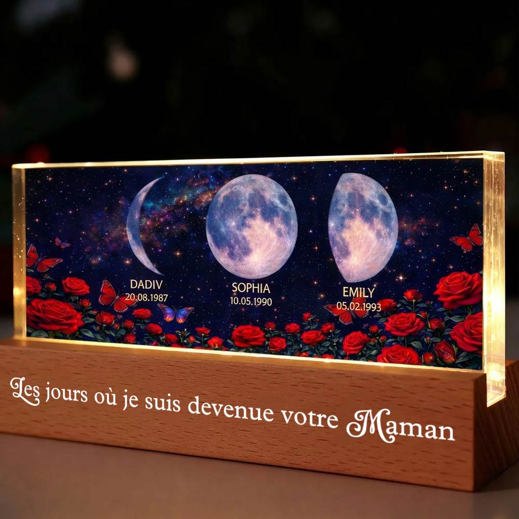 Roses et phases de lune – Veilleuse LED personnalisée avec texte et phases lunaires – Cadeau pour maman et mamie