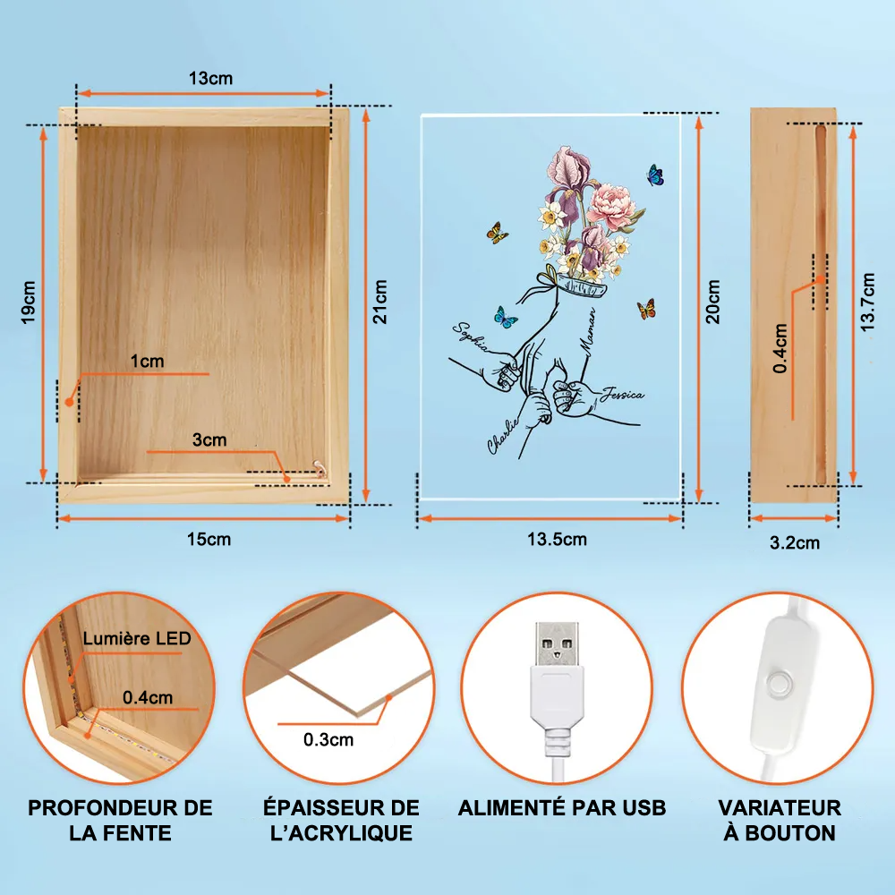 Boîte lumineuse avec cadre en bois, fleurs de naissance et mains – Cadeau pour maman et mamie