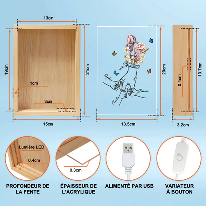 Boîte lumineuse avec cadre en bois, fleurs de naissance et mains – Cadeau pour maman et mamie