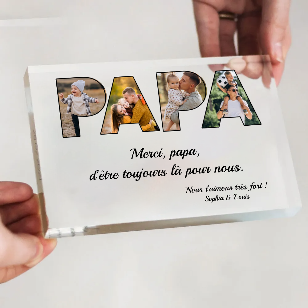Bloc acrylique PAPA avec photos, texte et nom Cadeau pour papa