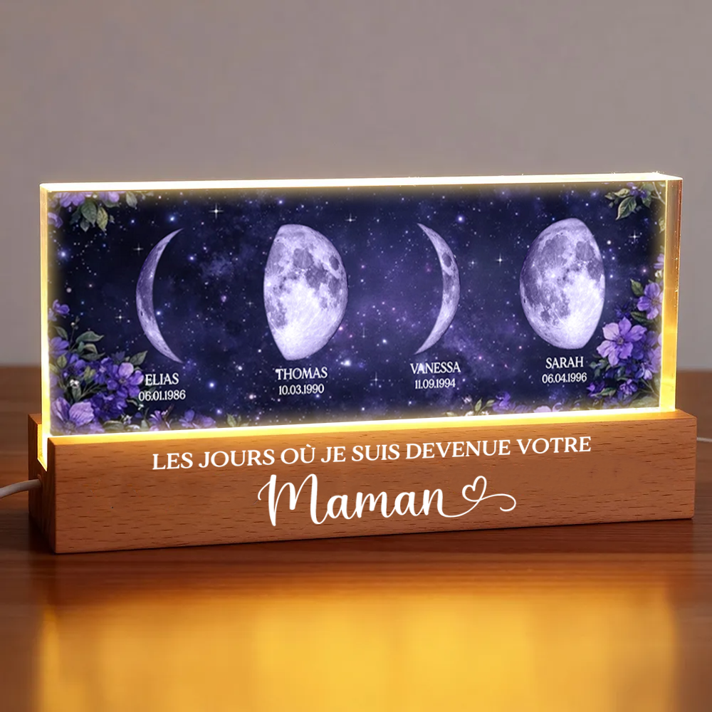 Fleurs violettes – Veilleuse LED personnalisée avec phases de lune et texte – Cadeau pour maman et mamie