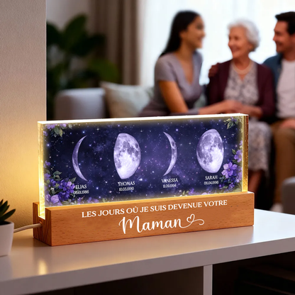 Fleurs violettes – Veilleuse LED personnalisée avec phases de lune et texte – Cadeau pour maman et mamie