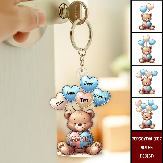 Porte-clés personnalisé « Amour d'ours avec ballons en forme de cœurs ».