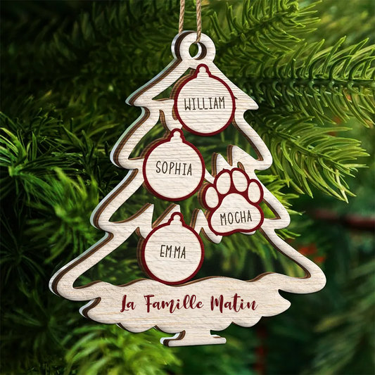Arbre de famille avec icône d'animal de Noël – Ornement mixte personnalisable à 2 couches