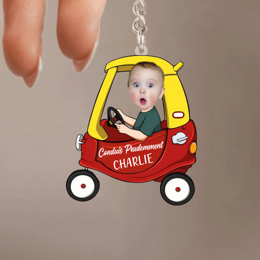 Porte-clés « Conduis prudemment » avec photo et prénom personnalisé