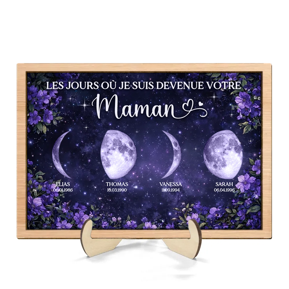 Fleurs violettes et phases de lune – Présentoir en bois personnalisé – Cadeau pour maman