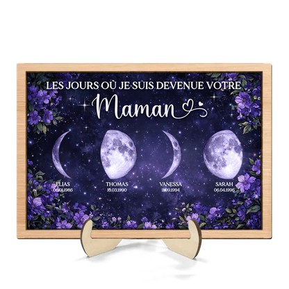Fleurs violettes et phases de lune – Présentoir en bois personnalisé – Cadeau pour maman