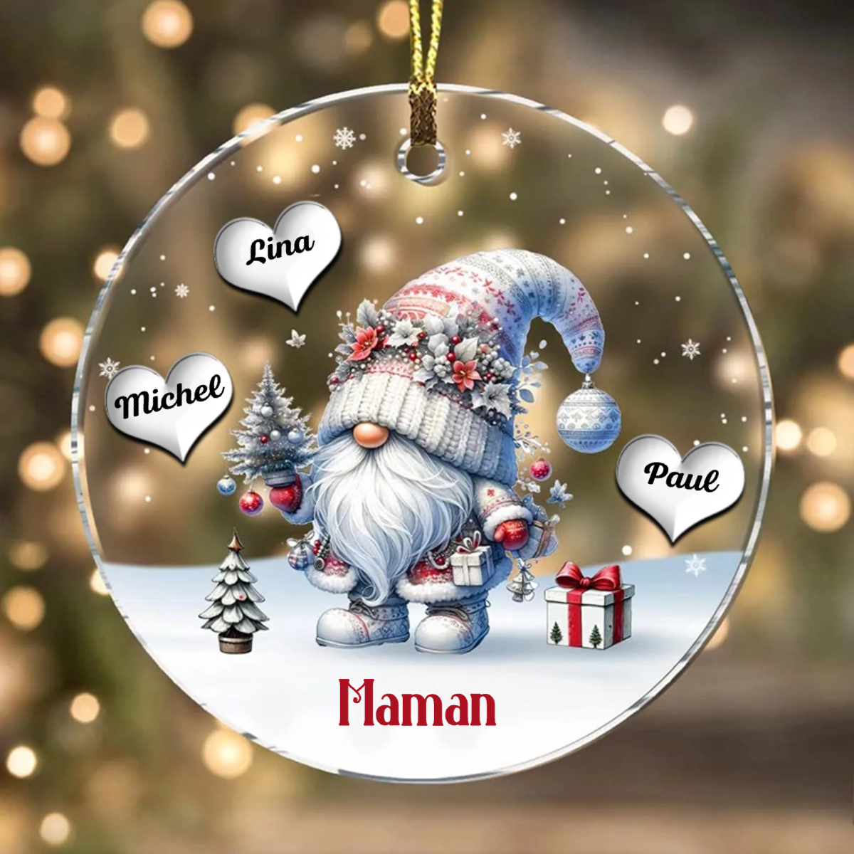 Pendentif en acrylique avec lutins – Décoration de sapin de Noël personnalisée