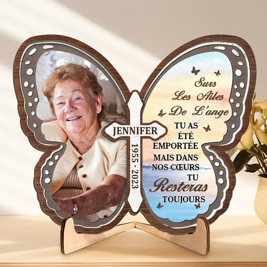 Croix et papillon - Plaque en bois commémorative personnalisée à 2 couches avec support