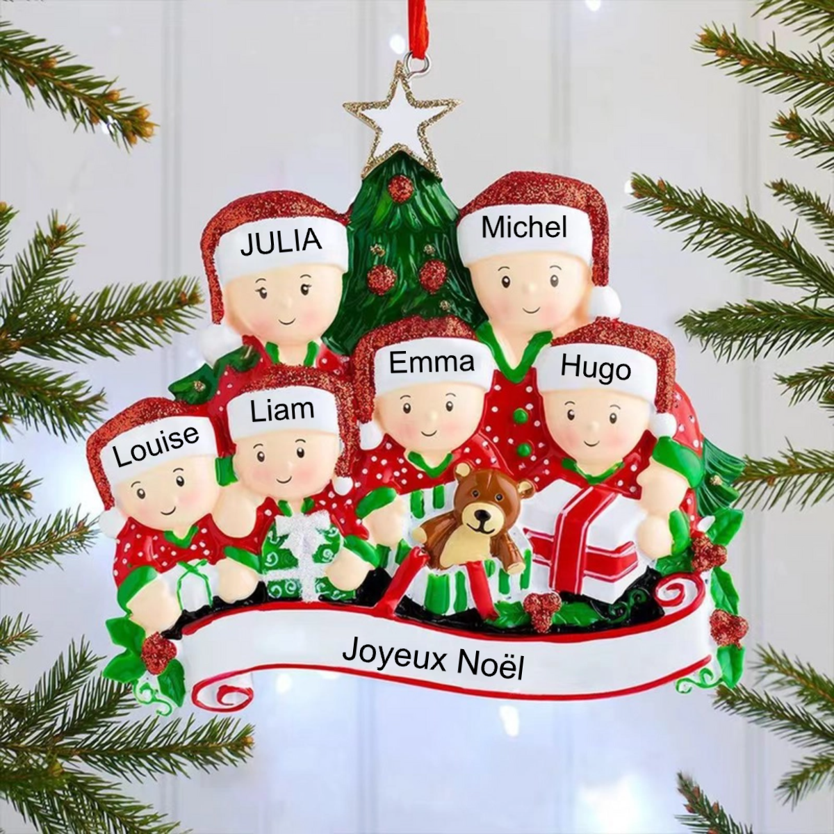 Décorations de Noël Famille Famille en ouvrant les cadeaux 2-6 noms