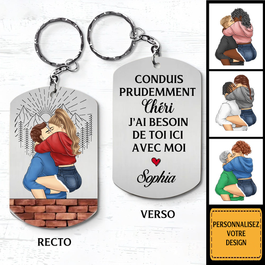 Porte-clés en Acier Inoxydable pour Couple – Porte-clés Personnalisé "Conduis Prudemment"