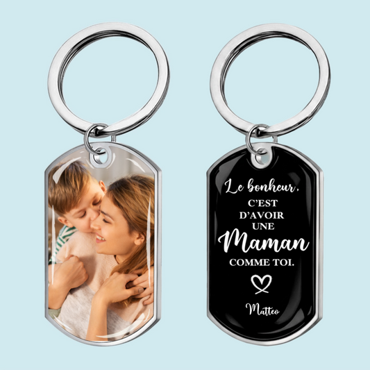 Porte-clés photo gravé en acier inoxydable avec résine époxy – Cadeau pour papa, maman, mamie et papi