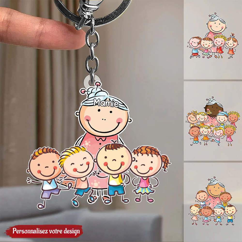 Porte-clés en acrylique personnalisé "Grand-mère et enfants en dessin animé"