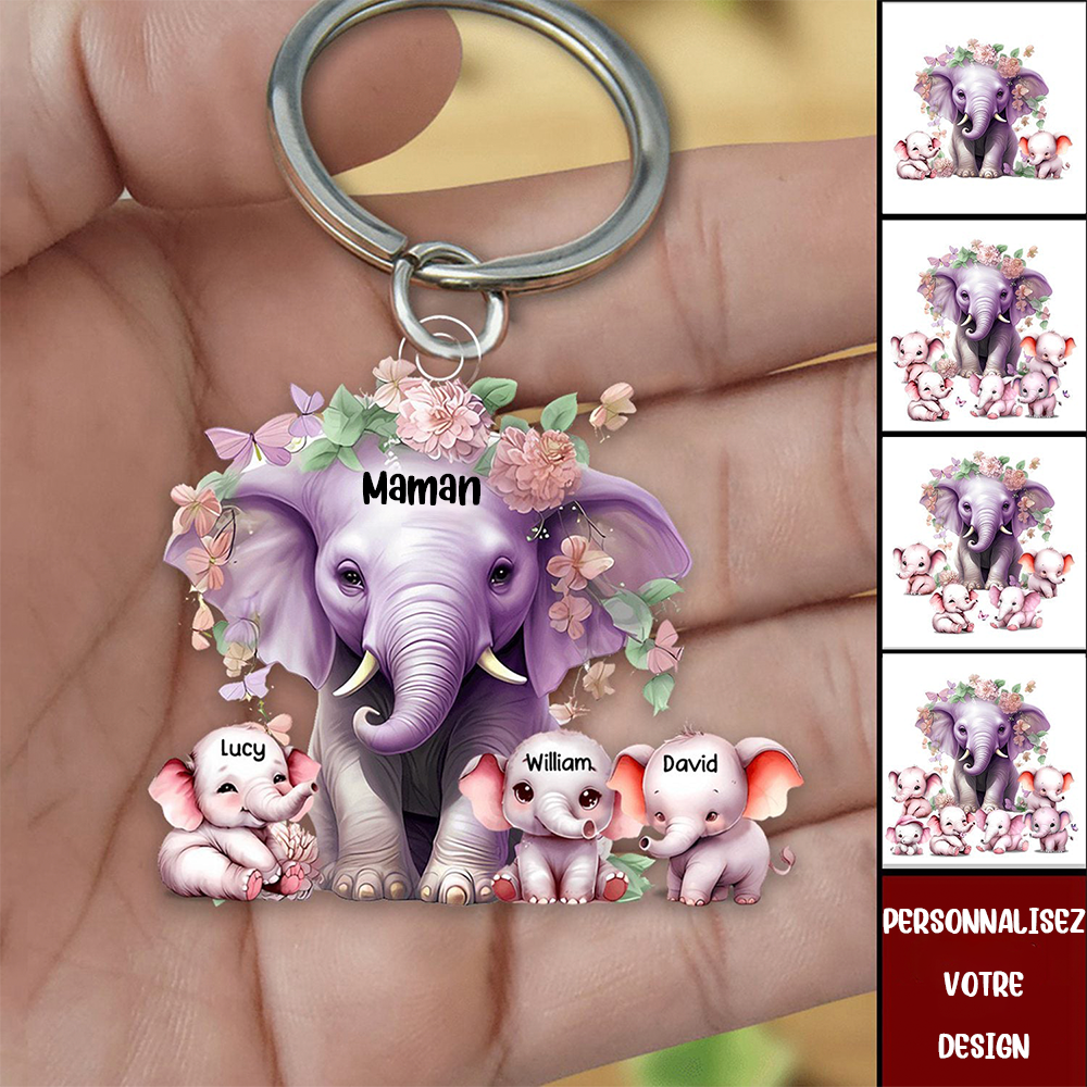 Porte-clés personnalisé en acrylique avec maman éléphant et bébés éléphants