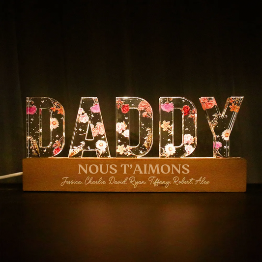 Veilleuse LED personnalisée DADDY avec fleurs de naissance, citations et prénoms – Cadeau pour papa
