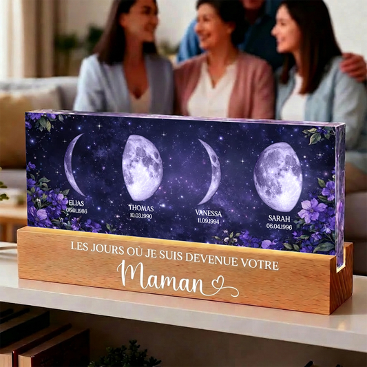 Fleurs violettes – Veilleuse LED personnalisée avec phases de lune et texte – Cadeau pour maman et mamie
