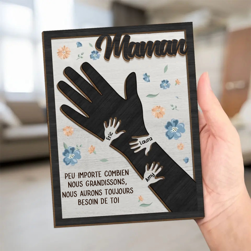 Plaque en bois personnalisée avec des mains pour maman et mamie