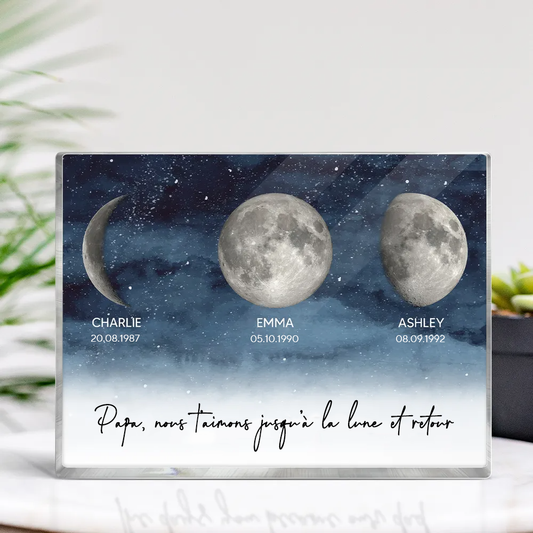 Bloc acrylique personnalisé avec phases lunaires et texte Cadeau pour papa et maman