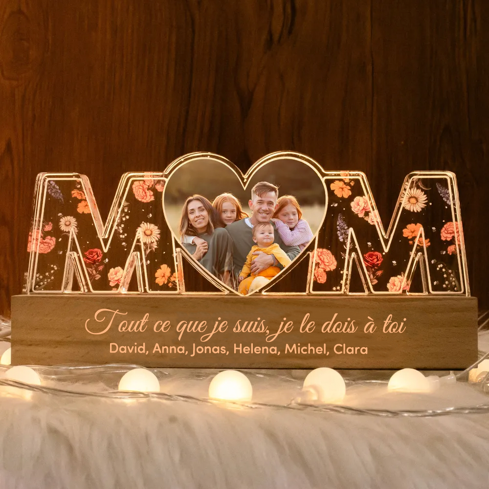 Veilleuse personnalisée "MOM" avec photo et fleurs de naissance pour maman